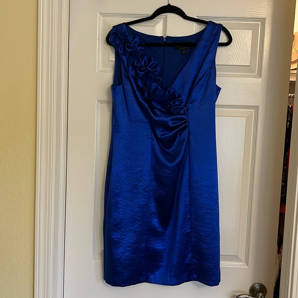 Beautiful Royal blue cocktail dress with ruffles across the bodice.